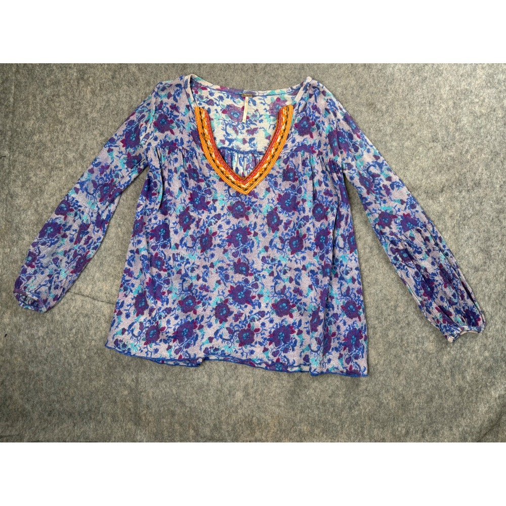 Free People Tunic Top Womens XS Purple Floral Rayon Boho Embroidered V-Neck Y2K